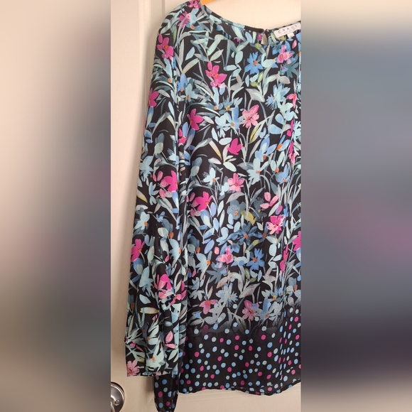 CHAUS New York Blue Floral Long Bell Sleeve Top L boho profesional trabel lighw - Picture 5 of 10